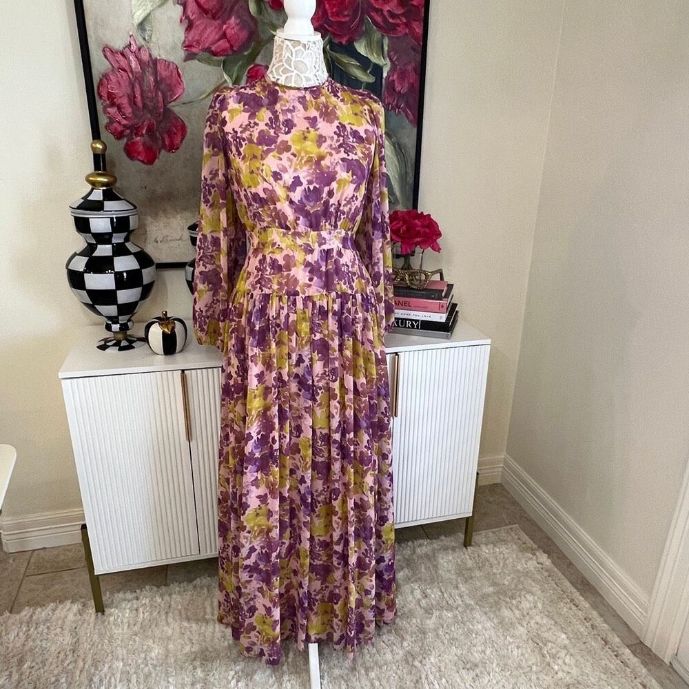 LDT Women's Floral Balloon Sleeve Open Back Maxi Dress Purple Size 8